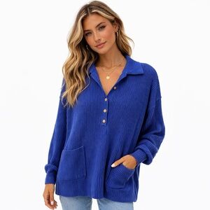 FP Beach Half Button Sweater with Pockets - Size Small Oversized - GUC